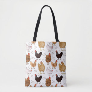 Bolsa Tote Padrão de Frango e Ovos em Branco