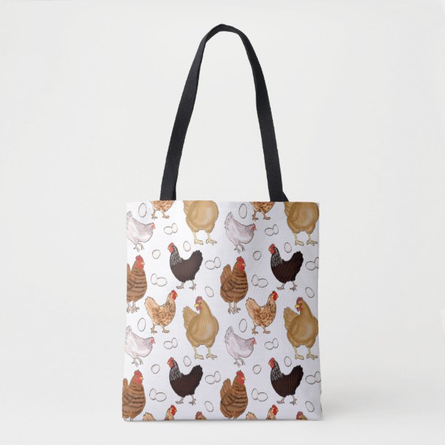 Bolsa Tote Padrão de Frango e Ovos em Branco (Frente)