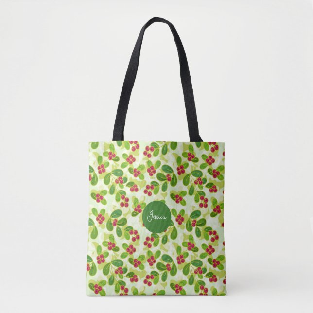 Bolsa Tote Padrão de Fruta de amora festiva, verde (Frente)