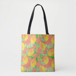 Bolsa Tote Padrão de fruta de limão amarelo e rosa pêssego