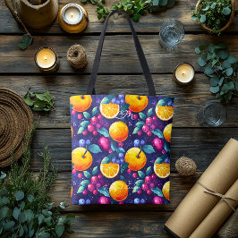 Bolsa Tote Padrão de Frutas Escuras – Citrinos e Frutas Verme