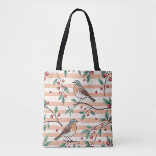 Bolsa Tote Padrão de Galho de Fruta Vintage Songbird Pêssego