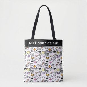 Bolsa Tote Padrão de Gato Whimsical Faces