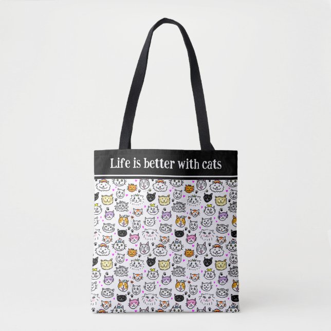 Bolsa Tote Padrão de Gato Whimsical Faces (Frente)