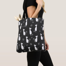 Bolsa Tote Padrão de Gatos Brancos em Preto