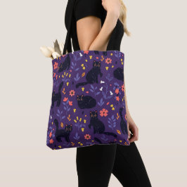 Bolsa Tote padrão de Gatos Pretos e Flores Silvestres