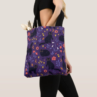 Bolsa Tote padrão de Gatos Pretos e Flores Silvestres