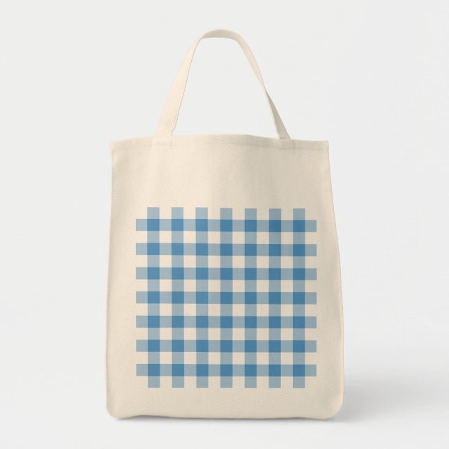 Bolsa Tote Padrão de Gingham Branco e Azul Claro (Frente)