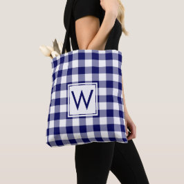 Bolsa Tote Padrão de Gingham Branco e Azul do Monograma Moder