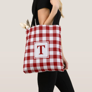 Bolsa Tote Padrão de Gingham Branco e Vermelho do Monograma M