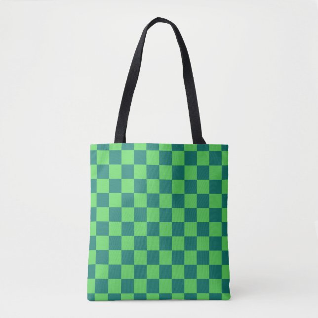Bolsa Tote Padrão de Gingham Verde Azul (Frente)