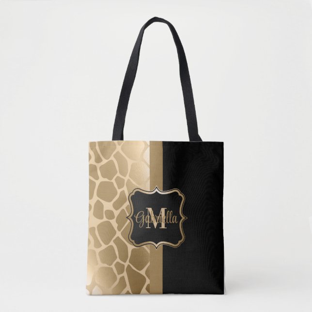 Bolsa Tote Padrão de Girafa Preta e Ouro (Frente)