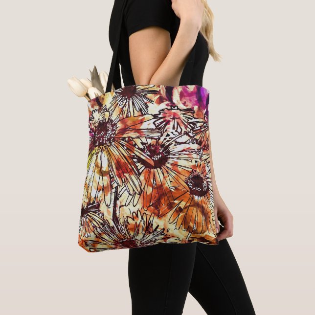 Bolsa Tote Padrão de Girassol com Tinta Abstrata (Close Up)