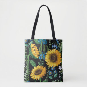 Bolsa Tote Padrão de girassol em fundo preto