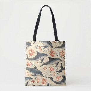 Bolsa Tote Padrão de Golfinho em Aquarela Costeiro Oceano Cor