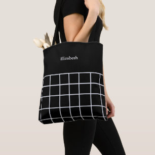 Bolsa Tote Padrão de Grade Preto Branco