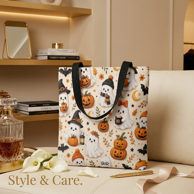 Bolsa Tote Padrão de Halloween de Fantasma Fofo e Abóbora (Cute Ghost & Pumpkin Halloween Pattern Tote Bag)
