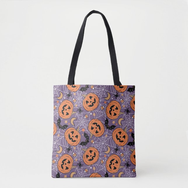 Bolsa Tote Padrão de Halloween do Jack-O-Lanterna Roxo (Frente)