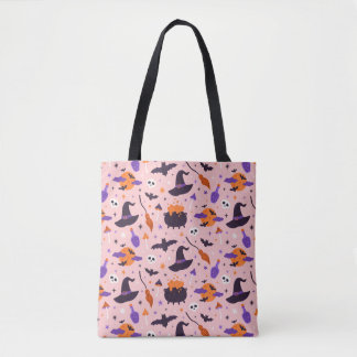 Bolsa Tote Padrão de Halloween Púrpura e rosa-claro
