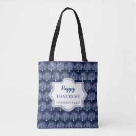 Bolsa Tote Padrão de Hanukkah Menorah Feliz Azul