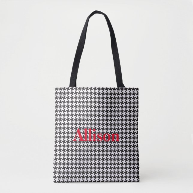 Bolsa Tote Padrão de houndstooth Preto e Branco Personalizado (Frente)