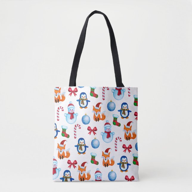 Bolsa Tote Padrão de Ilustração de Aquarela de Natal Bonito (Frente)