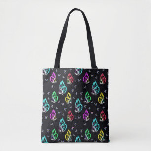 Bolsa Tote Padrão de Ilustração de Borboleta Colorida Preta