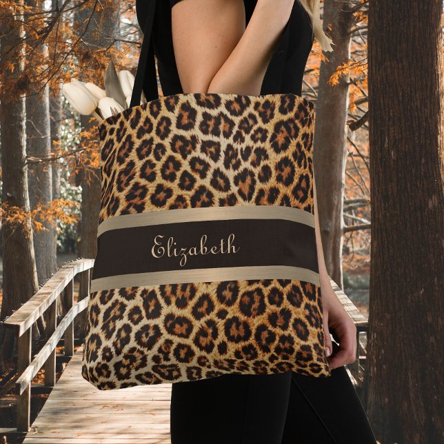 Bolsa Tote Padrão de impressão do leopardo castanho e nome de (Criador carregado)