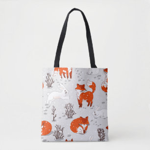 Bolsa Tote Padrão de inverno sem costura com raposas e coelh