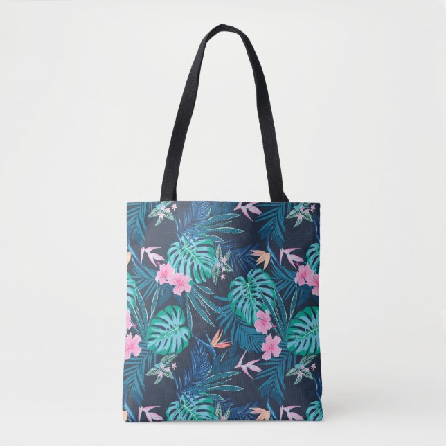 Bolsa Tote Padrão de Jardim de Flor Tropical Azul (Frente)