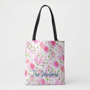 Bolsa Tote Padrão de Jardim Floral de Cor de Água Rosa