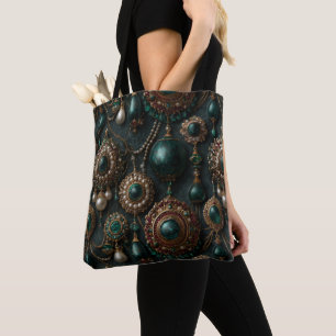 Bolsa Tote Padrão de Joias de Esmeralda e Pérola Vintage de L