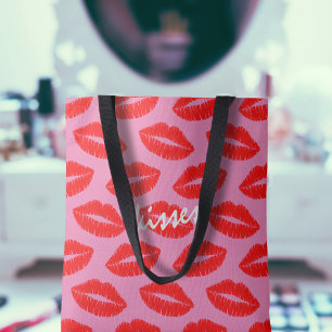 Bolsa Tote Padrão de Lábios de Kisses Red Lipstick rosa quent