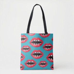 Bolsa Tote Padrão de Lábios Vermelhos para Dentes de Tubarão