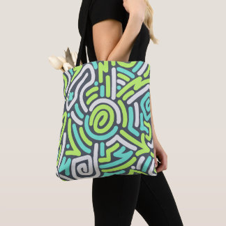 Bolsa Tote Padrão de Labirinto de Neon Verde e Ciano Ondulado