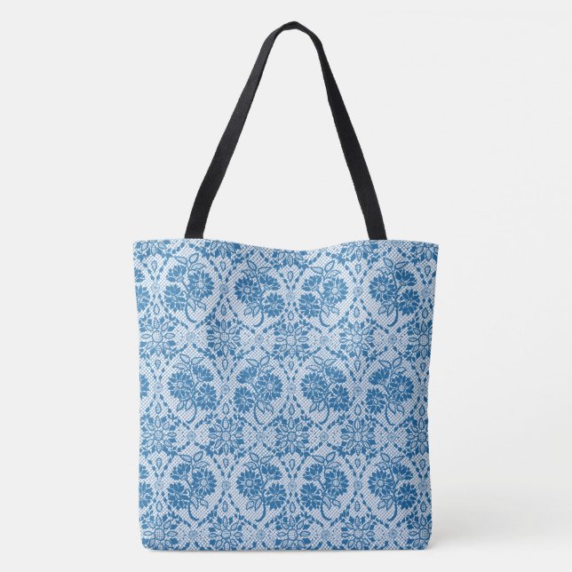 Bolsa Tote Padrão de Lace Faux Floral Azul do Indigo Personal (Verso)