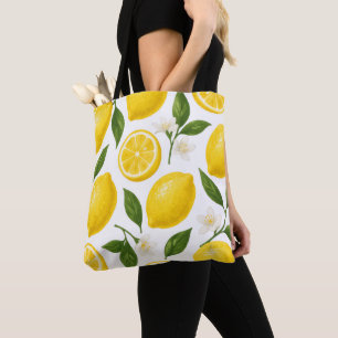 Bolsa Tote Padrão de Limão Fresco com Folhas e Flores