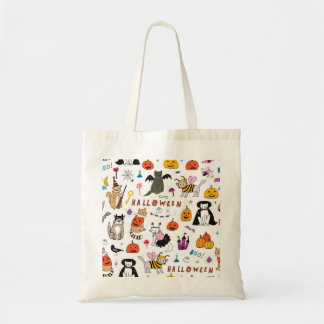 Bolsa Tote Padrão de Linha de Vintagem de Gatos Halloween