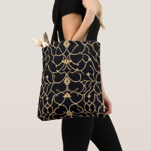 Bolsa Tote Padrão de Linha Dourada e Preta