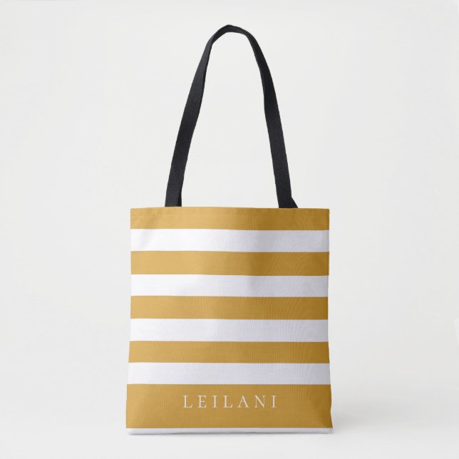 Bolsa Tote Padrão de Listra Amarela Mostarda da Moda (Frente)