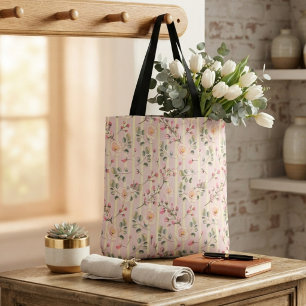 Bolsa Tote Padrão de Listra Floral Rosa Suave