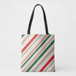 Bolsa Tote Padrão de Listras de Natal em Aquarela