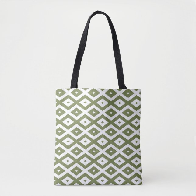 Bolsa Tote Padrão de losango verde-oliva e branco (Frente)