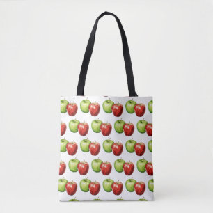 Bolsa Tote Padrão de Maçã Vermelha e Verde com Aquarela