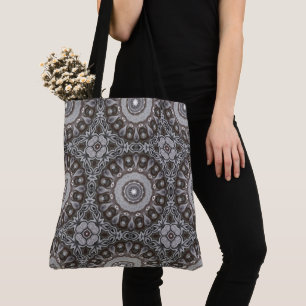 Bolsa Tote Padrão de Mandala de Caleidoscópio Marrom e Prata