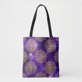 Bolsa Tote Padrão de Mandala Dharma da Galáxia Dourada e Roxa