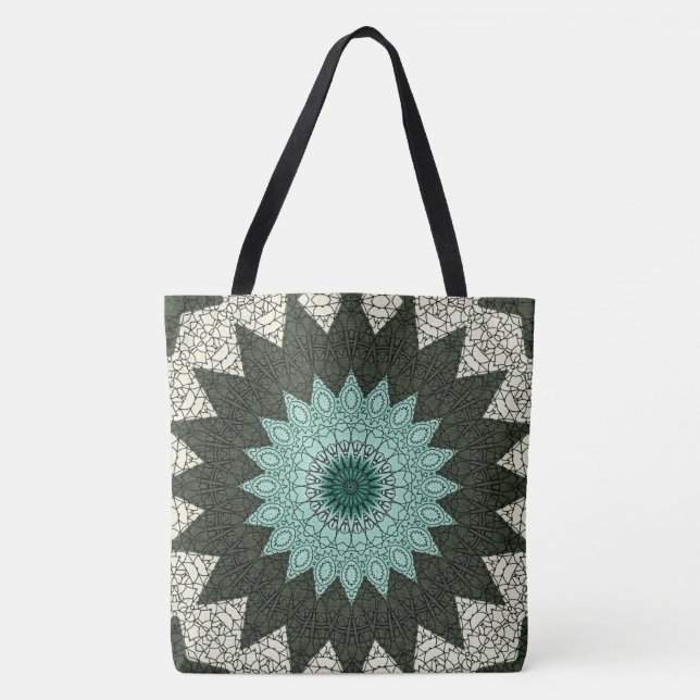 Bolsa Tote Padrão de Mandala Geométrico Azul Turquesa e Verde (Frente)