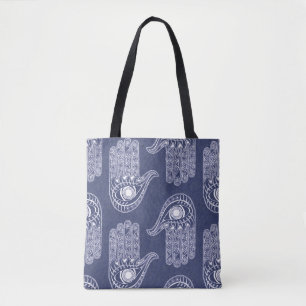 Bolsa Tote Padrão de Mão Azul e Branco Hamsa / Defesa dos Olh