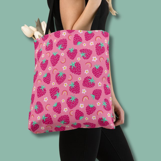 Bolsa Tote Padrão de margarida arco-íris de morango (Pink strawberry daisy tote bag)
