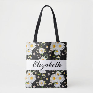 Bolsa Tote Padrão de margarida branca e preta do monograma el